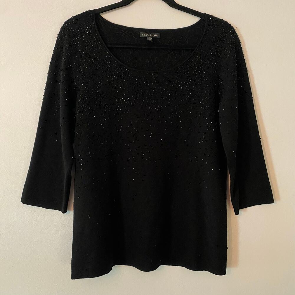 Eileen Fisher Black Beaded 3/4 Sleeve Top Merino Wool Scoop Neck Women's Medium